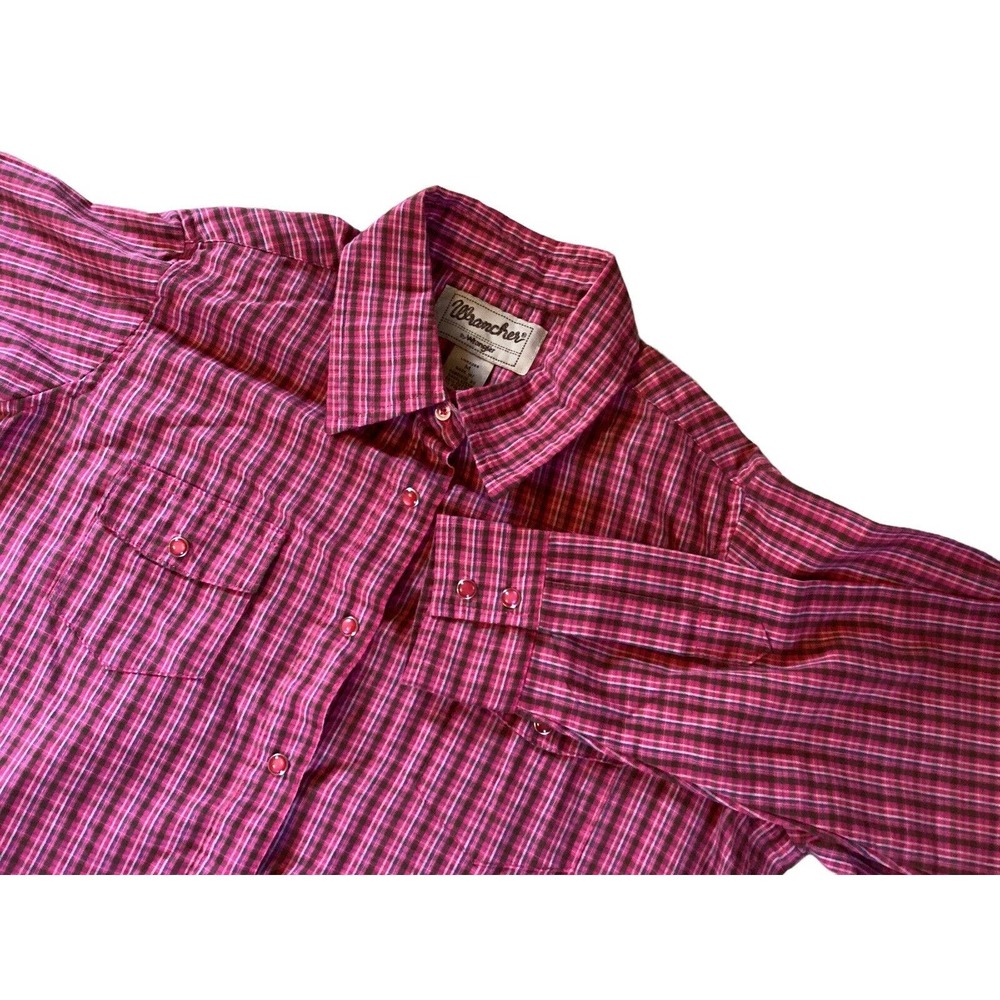 Wrangler Wrancher Shirt Women M Red & Pink Plaid Pearl Snap Western
